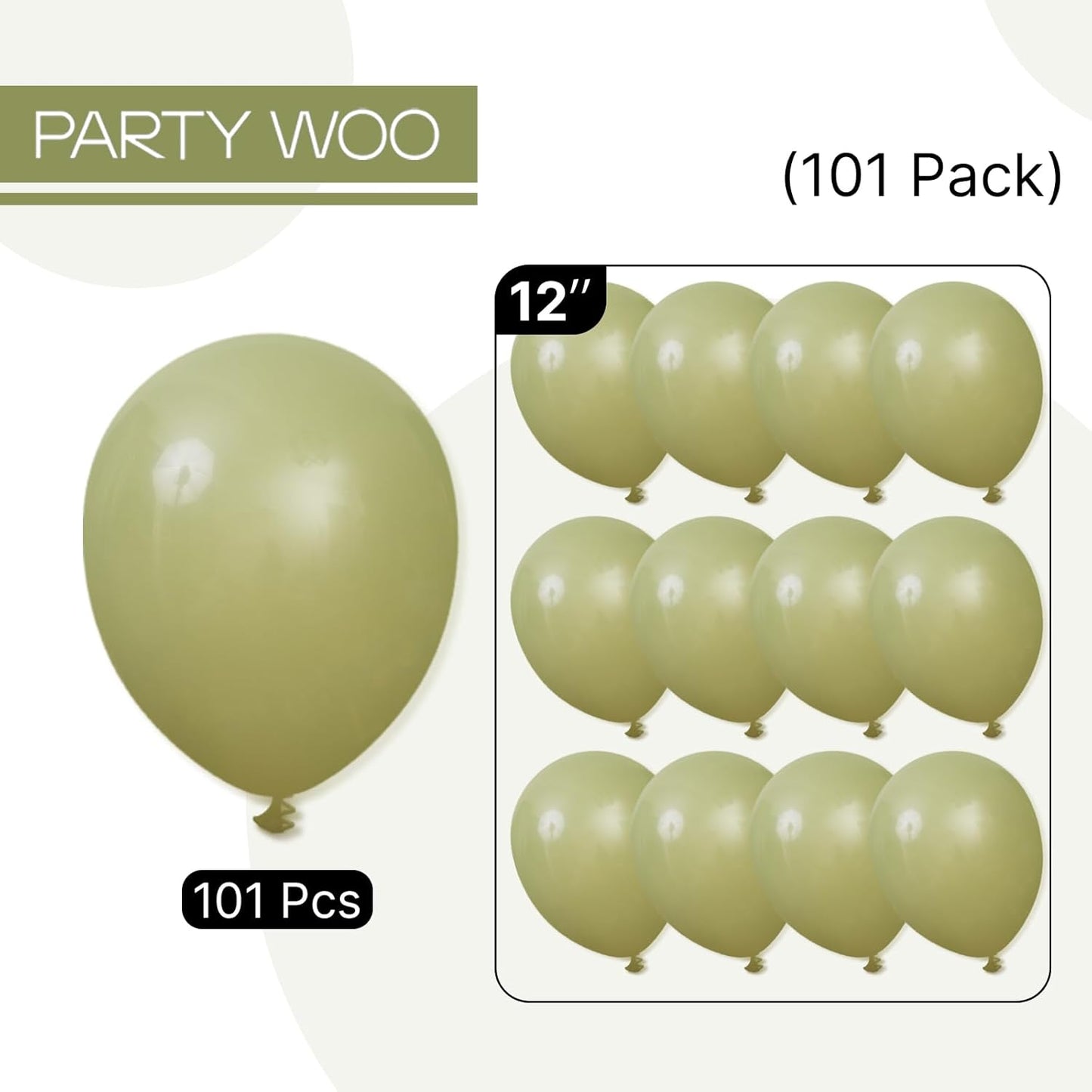PartyWoo Sage Green Balloons 101 pcs 12 Inch Matte Sage Olive Green Boho Neutral Eucalyptus Latex Helium Balloons for Wedding Baby Shower Gender Reveal Birthday Graduation Party Decorations Green-F11