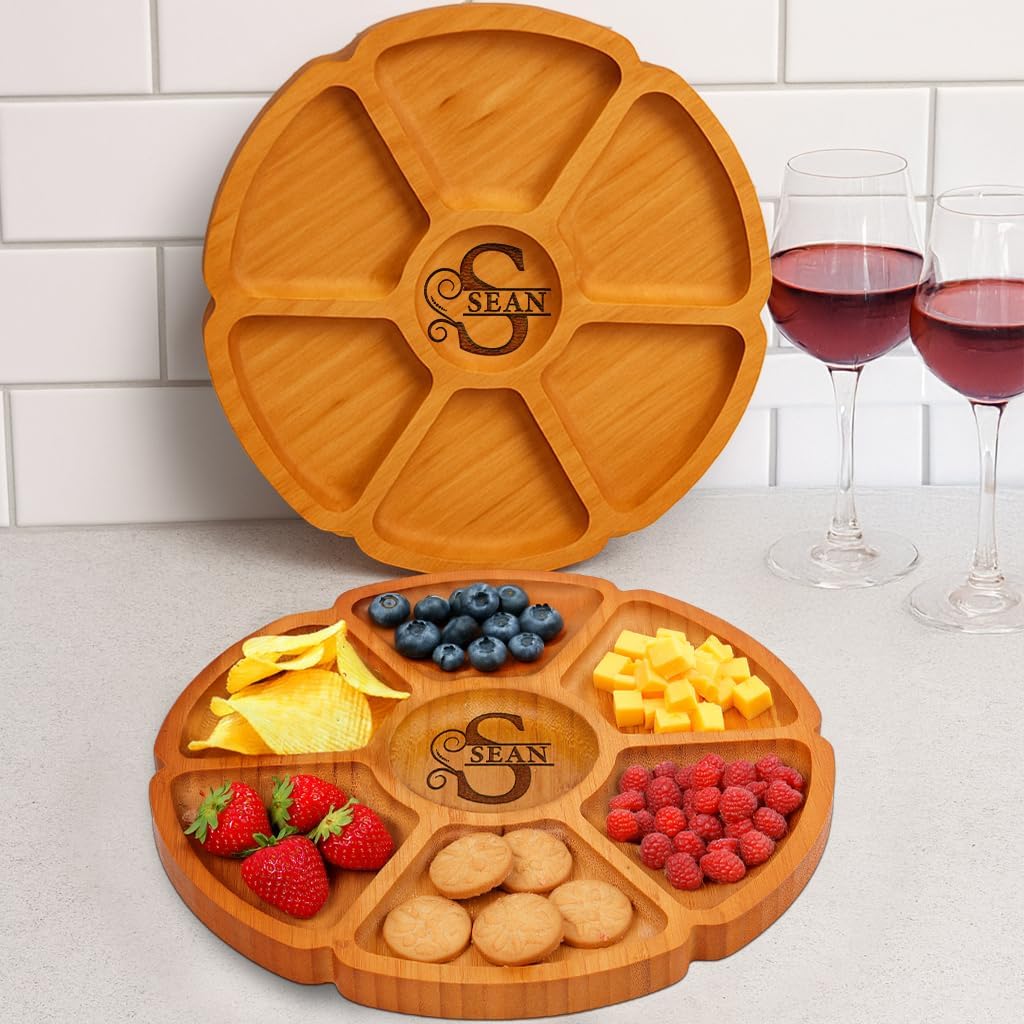 Custom Engraved Bamboo 9" Serving Tray – Personalized 7-Divided Flower Petal Platter, Perfect for Snacks, Appetizers, Charcuterie, Parties, Weddings, Housewarming, and Entertaining Gifts