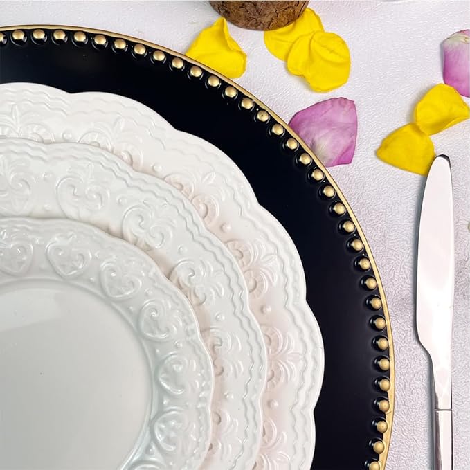 Black Charger Plates with Beaded Rim, 13" Round Charger for Dinner Plates, Set of 6 Plastic Plate Chargers for Halloween, Table Setting, Party Decoration.