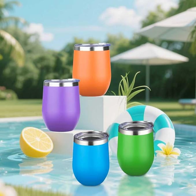 12oz/4 Pack Wine Tumbler Glasses with Lid Stemless Double Wall Vacuum Stainless Steel Travel Tumbler Keeping Cold & Hot for Wine,Coffee,Cocktails,Christmas Drinks-Family and Gifts(Multi color-8)