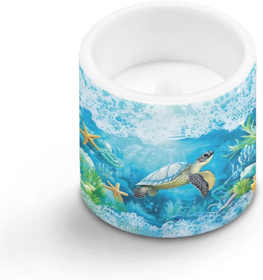 Poceacles 4 Piece Flameless LED Candles with Remote, Plastic Battery-Powered Candles with 12 Colors Changing Decorative Night Light for Home Holiday Decor, Sea Turtle Starfish Coral Blue Ocean
