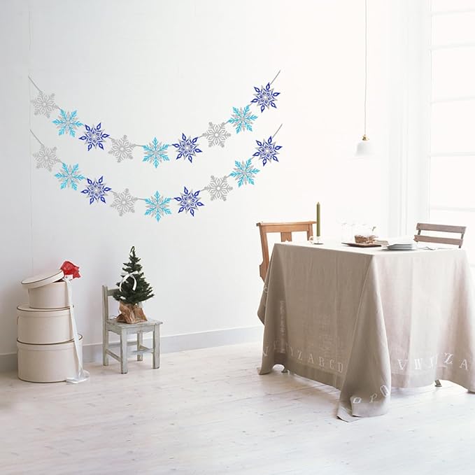 2 Pcs Silver Blue Snowflake Banner, Snowflake Winter Party Decorations, Snowflake Garland Christmas Party Decorations (Mix)