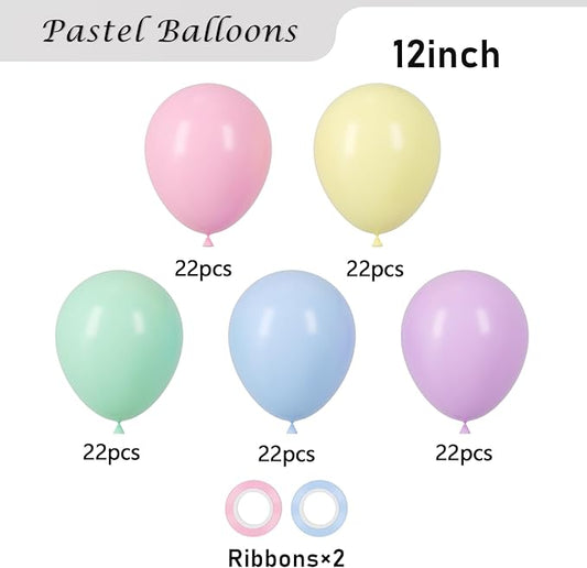 110pcs Pastel Balloons 12inch Macaron Latex Party Balloons for Graduation, Easter, Wedding, Birthday, Bridal Shower, Rainbow Party, Baby Shower, Anniversary Party Decorations