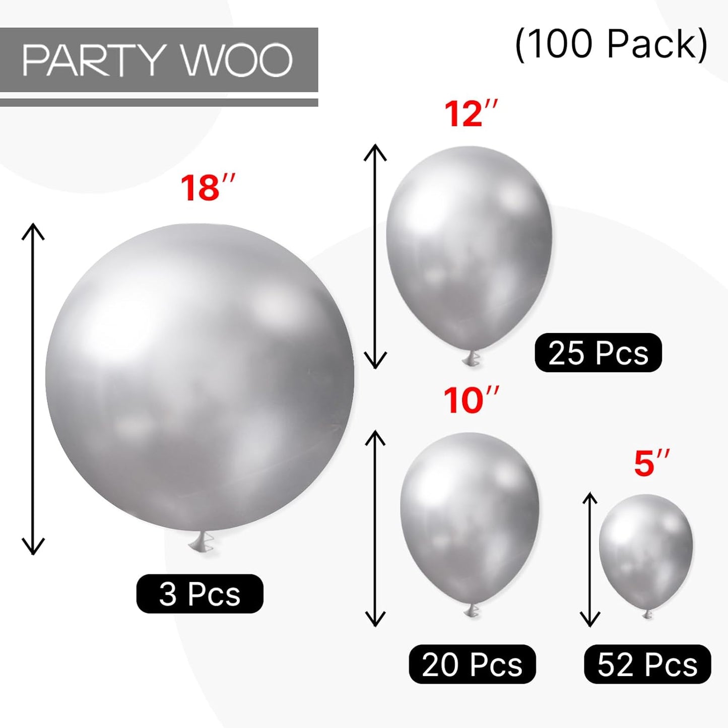 PartyWoo Silver Balloons 100pcs Different Sizes of 18 12 10 5 Inch Silver Balloon Arch Kit Garland for Birthday Graduation Bachelorette Engagement Bridal Shower Wedding Party Decorations Silver-G102