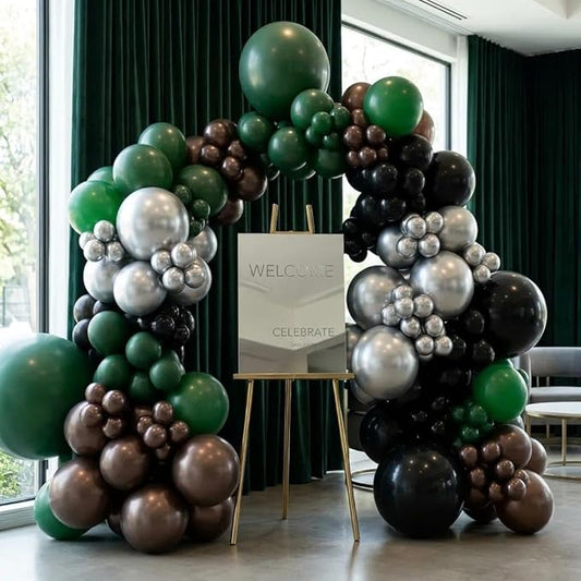 Black Green Balloon Arch Double Stuffed Latex Dark Green Brown Silver Balloon Garland for Camo Birthday New Year Hunting Jungle Boy Baby Shower Anniversary Prom Praty Decor
