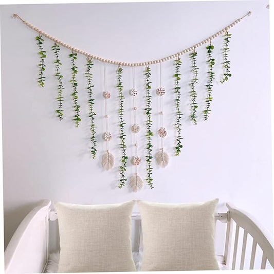 Wooden Bead Wall Garland Artificial Eucalyptus Leaves Rustic Home Decor for Bedroom and Weddings 1 Piece