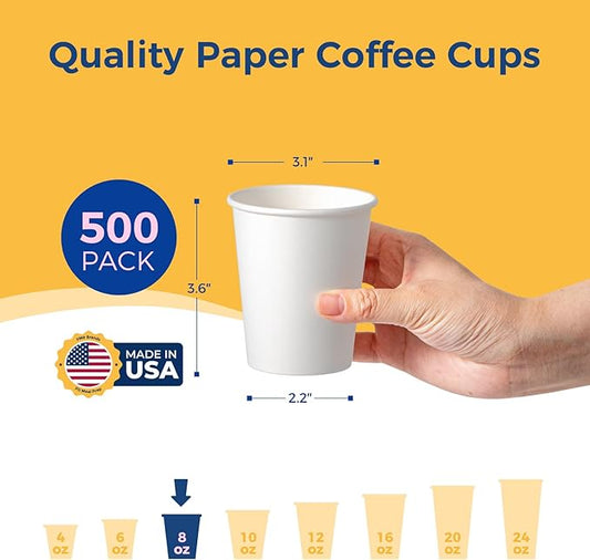 Fit Meal Prep 500 Pack 8 oz Disposable Paper Coffee Cups, Premium White Hot Cups for Hot/Cold Beverage, Durable Thickened Paper Cup Bulk for Party, Office, Bussines, Home, Bistros, Events