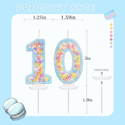 Blue Birthday Candles - Number 10 Candle, Colorful Macaron Candles, 10 Birthday Decorations for Girls Boys, Cake Decorations, Theme Party Supplies (Blue)