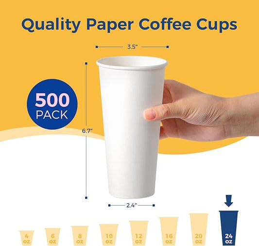 Fit Meal Prep 500 Pack 24 oz Disposable Paper Coffee Cups, Premium White Hot Cups for Hot/Cold Beverage, Durable Thickened Paper Cup Bulk for Party, Office, Bussines, Home, Bistros, Events