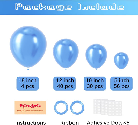 130pcs Metallic Blue Balloons Different Sizes 18" 12" 10" 5" Chrome Blue Latex Balloon Garland Arch Kit for Birthday Baby Shower Graduation Wedding Gender Reveal Party Decorations