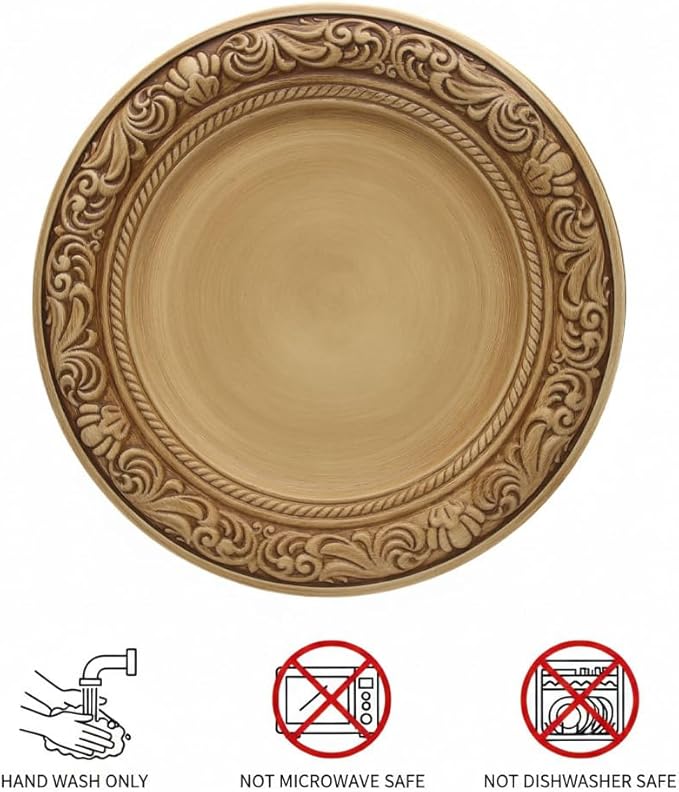 13-Inch Vintage Embossed Charger Plates, Set of 6 - Decorative Antique Gold Plastic Underplates for Dinner Party, Wedding, and Holiday Table Decor - Durable & Reusable Service Plates