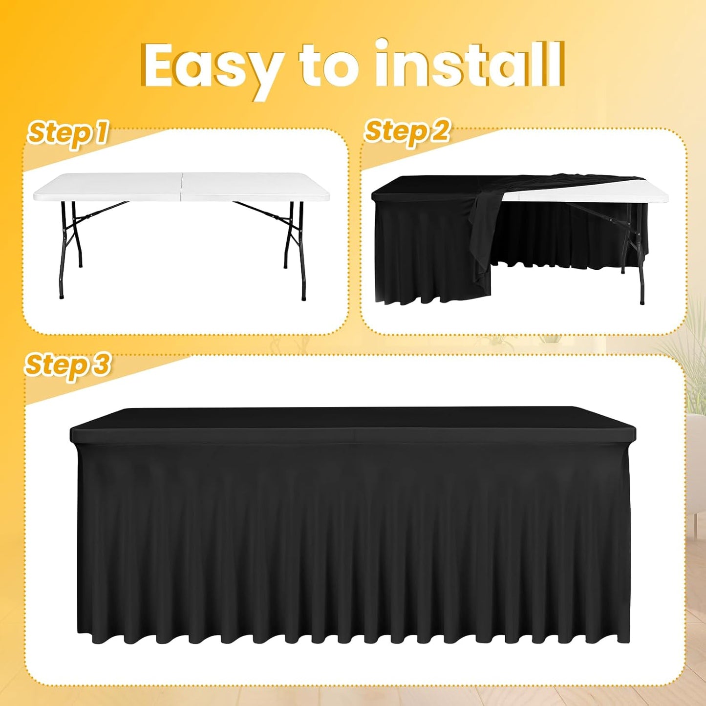 6 Pack 6Ft Spandex Table Skirts Fitted Black Stretch Tablecloth, One-Piece Wrinkle-Resistant Ruffles Design Table Cover and Skirt for Wedding Party Banquet Event Trade Show