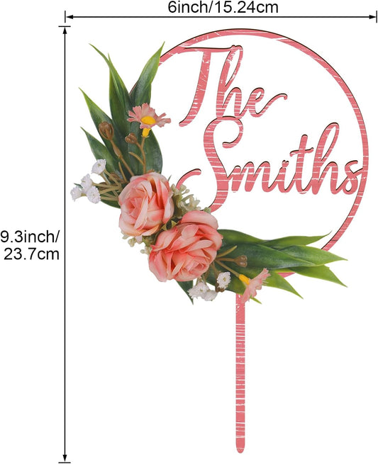 3D Flowers Wedding Cake Topper Custom Last Name Wedding Cake Decoration in Wood with 3D Artificial Roses (Pink)