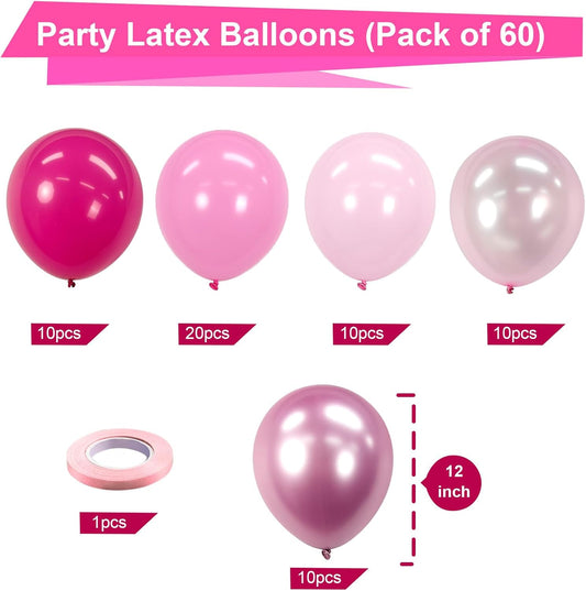 Bezente Pink Balloons Set,60pcs 12 inch Metallic Pearl Pink, Hot & Pastel Pink Latex Balloons Kit for Birthday,Wedding,Baby Shower,Princess Theme Party Decorations