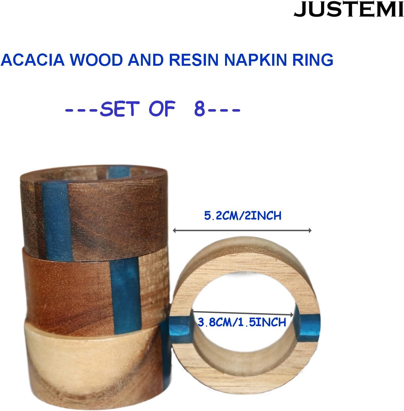 Wooden Napkin Rings Set of 8 for Dinning Table Decor - Acacia Wood Resin Napkin Holder Blue Napkin Ring for Home and Kitchen Décor (Round Shape)
