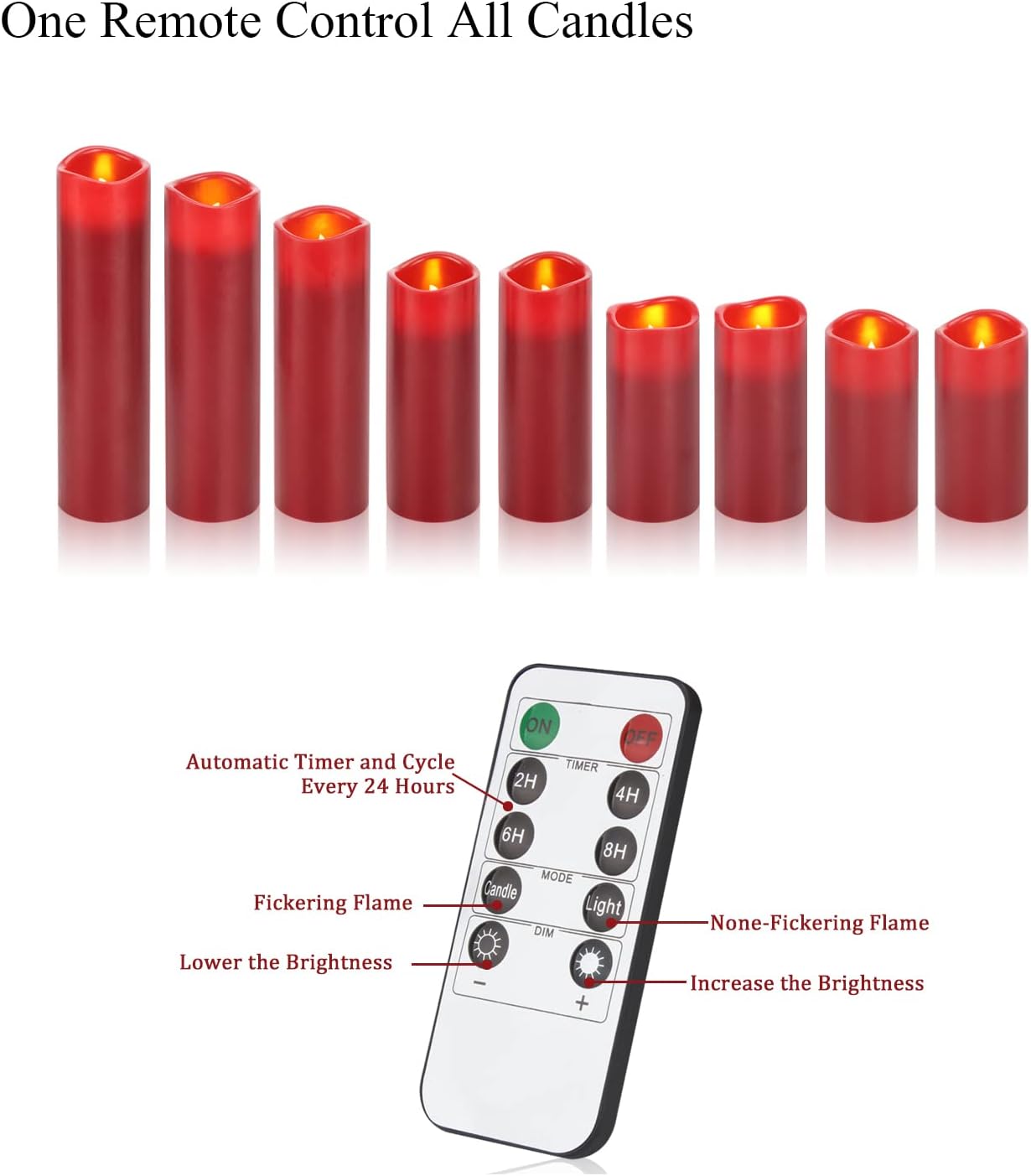 antizer Flameless Candles Led Candles Pack of 9 (H 4" 5" 6" 7" 8" 9" x D 2.2") Burgundy Real Wax Battery Candles with Remote Timer