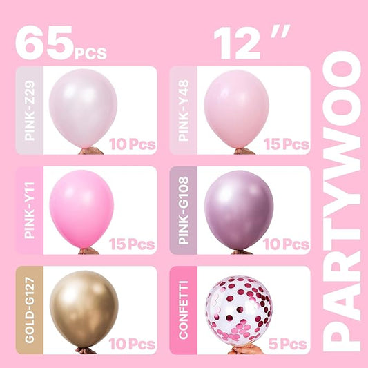 PartyWoo Pink and Gold Balloons 65pcs 12 Inch Metallic Gold Pearl Matte Hot Light Pastel Pink Confetti Balloons for Gender Reveal Baby Shower Bridal Shower Princess Birthday Party Decorations