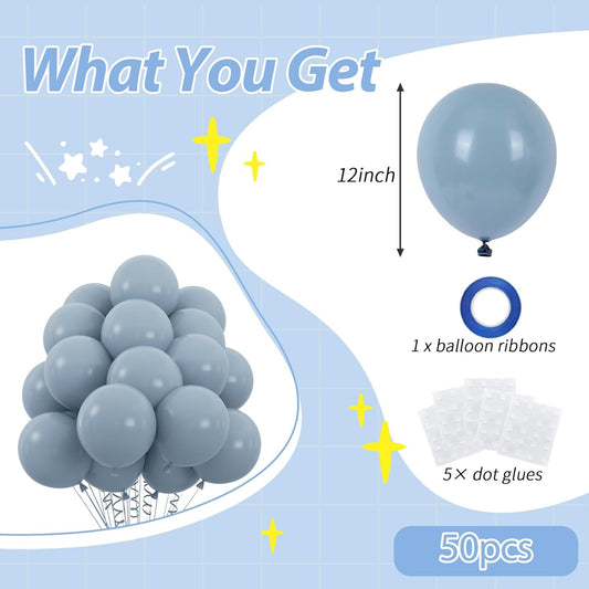 50pcs Dusty Blue Balloons, 12inch Retro Pale Aqua Blue Balloons for Birthday Boho Baby Shower Bachelorette Wedding Party Decorations with Ribbon (With Ribbon & Glues)