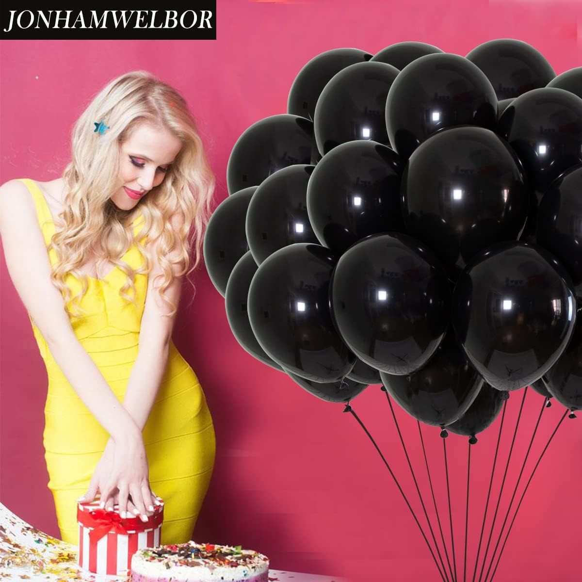 Jonhamwelbor Black Balloons 12 inch 100 Pack Black Latex Metallic Chrome Balloons for Birthday Halloween Graduation Baby Shower Party Decorations (with Ribbon)