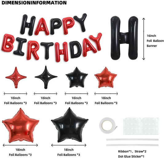 TONIFUL 35PCS 16 Inch Black Red Happy Birthday Balloon Black Red Happy Birthday Balloons Decorations with Star Balloons for Girls Boys Kids Men Women Adults Birthday Party Decorations Supplies