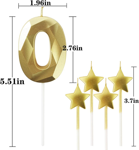 Golden Number 0 & Star Birthday Candles - 2.76 inch 3D Diamond Shaped Candles for Birthday Parties & Anniversary Cake Decorations