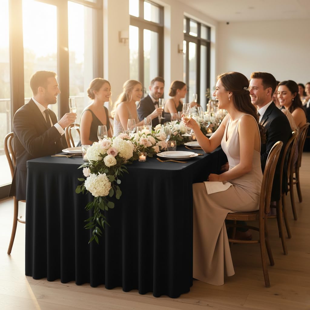 HolidayIdeas Black Spandex Table Skirts for Rectangle Tables 6ft, Fitted Stretch Table Cover 30x72 Inch, Wrinkle-Free Ruffle Design Tablecloths for Banquets,Trade Shows, Parties, Events, 4 Pack
