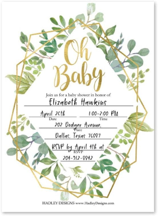 Hadley Designs 25 Geometric Greenery Invitations, Sprinkle Invite for Baby, Coed Garden Gender Reveal Neutral Theme, Cute Boho Fill or Write In Blank Printable Card, Floral Party DIY Supplies