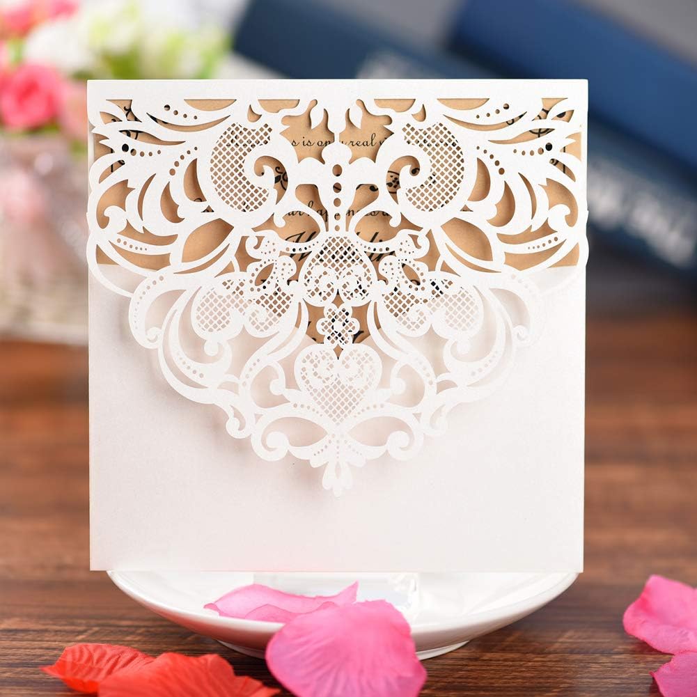 FOMTOR Laser Cut Invitations 50 Pack Laser Cut Wedding Invitations Card Kit with Blank Printable Paper and Envelopes for Wedding,Birthday Parties,Baby Shower (White)