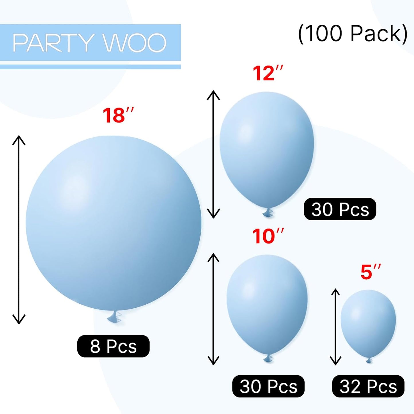 PartyWoo Light Blue Balloons 100 pcs Different Sizes of 18 12 10 5 Inch Baby Pastel Sky Aqua Blue Balloon Arch Kit Garland for Graduation Baby Shower Gender Reveal Birthday Party Decorations Blue-Y4