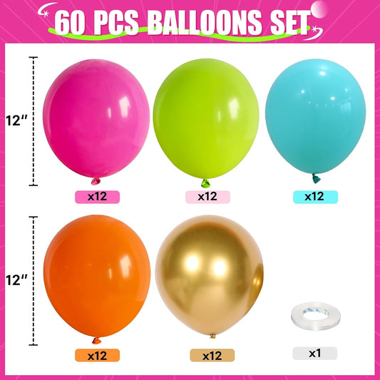 Tropical Balloons Kit, 60 PCS 12Inch Hawaiian Balloons Hot Pink Orange Teal Green and Gold Colorful Balloon for Summer Birthday Baby Shower Tropical Aloha Luau Pool Party Decorations