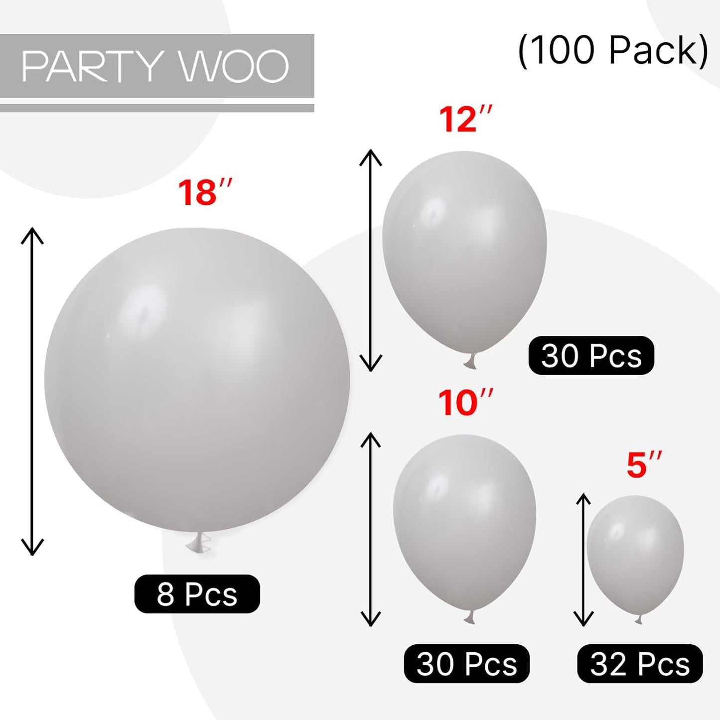 PartyWoo Gray Balloons 100 pcs Different Sizes of 18 12 10 5 Inch Matte Grey Latex Balloon Arch Kit Garland for Baby Shower Gender Reveal Graduation Elephant Birthday Party Decorations Gray-Y71