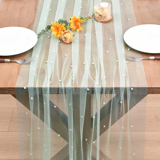 Sage Green Pearl Fall Thanksgiving Table Runner Boho Rustic Tulle Lace Table Runner for Baby Shower Wedding Arch Decor Veil Dessert Table Decor 3pcs