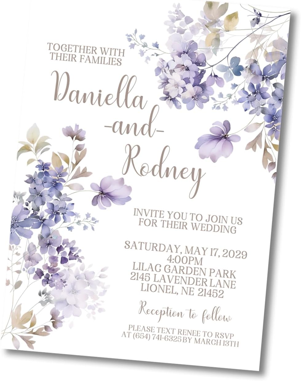 Lavender & Purple Wedding Invitations, Garden Floral, Personalized, Set of 12 Invitations with Envelopes