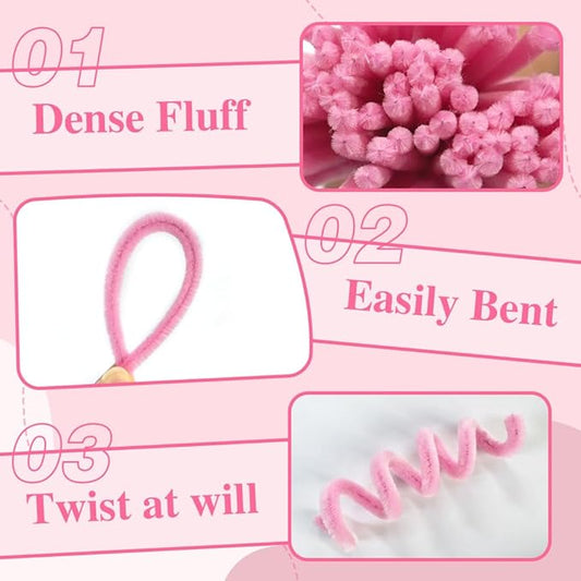 AHAMETON 620-Piece Pink Pipe Cleaner Complete Craft Kit - Enhanced Set with Flower Stems, Tape Rolls, Ribbon & Greeting Card for DIY Wedding Bouquets, Gift Projects
