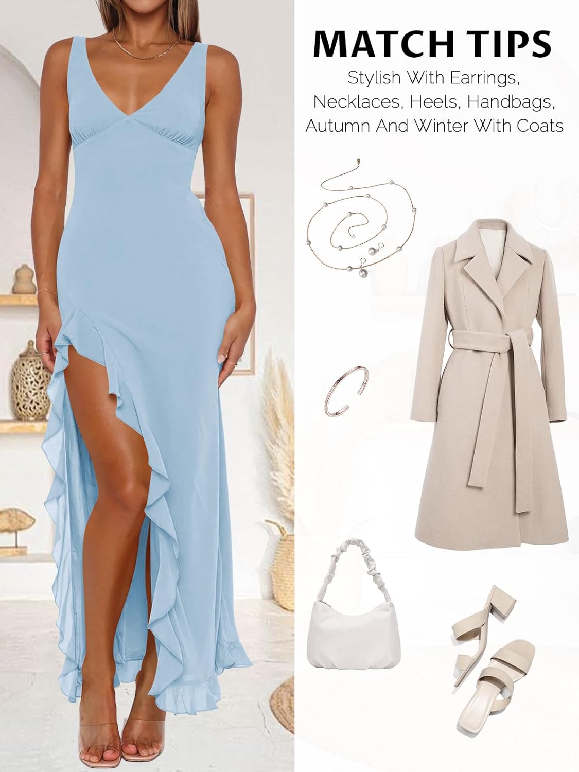 Women Sexy V Neck Sleeveless Mesh Ruffle Hem Bodycon Maxi Casual Backless High Slit Cocktail Party Dress
