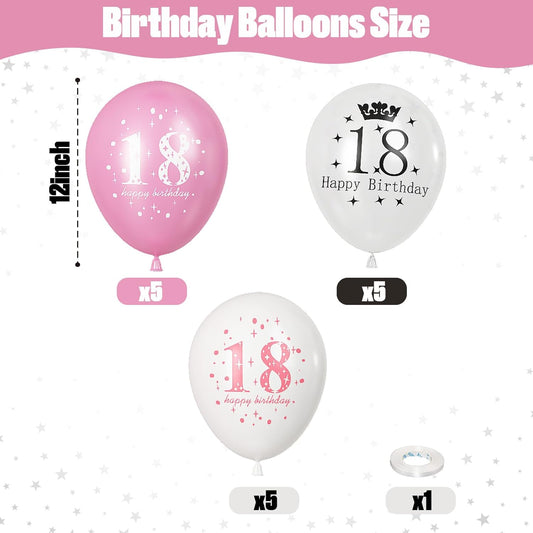 Happy 18th Birthday Balloons for Girls, Pack of 15 Pink White 18th Birthday Party Decorations for Her, 12 Inch 18th Latex Helium Balloons for Girls Age 18 Year Old Birthday Party Decorations Supplies