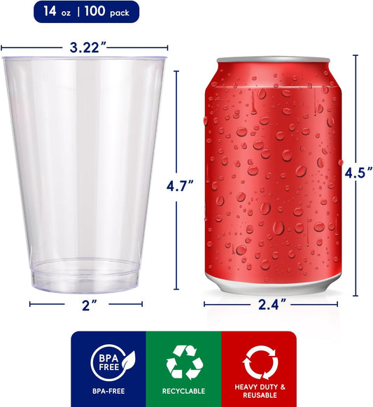 JOLLY CHEF 14 oz Clear Plastic Cups, 100 Pack Heavy-duty Party Glasses, Disposable plastic cups for wedding Cocktails Tumblers, Ideal for Halloween,Christmas, Thanksgiving Parties
