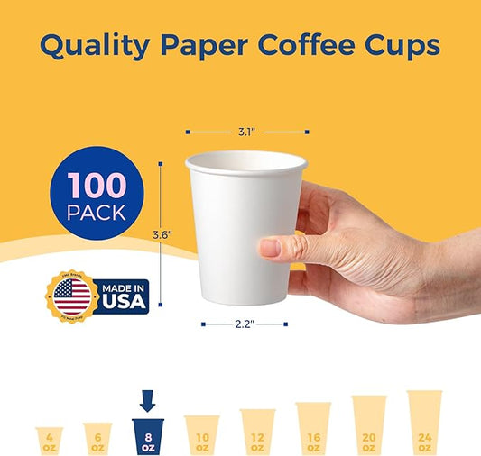 Fit Meal Prep 100 Pack 8 oz Disposable Paper Coffee Cups, Premium White Hot Cups for Hot/Cold Beverage, Durable Thickened Paper Cup Bulk for Party, Daily Use, Office, Home, Bistros