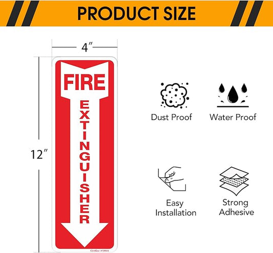 12 Pack Fire Extinguisher Sign, 12" X 4" Safety Sticker Signs, Fire Extinguisher Arrow Safety Signs, Self Adhesive, Weatherproof and UV Protected, Ideal for Office/Business, Home and Outdoor