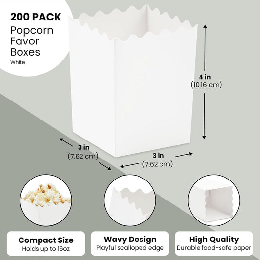 Juvale Mini Popcorn Boxes, 200 Pack Small Popcorn Containers for Party, Movie Night, Candy, Chips, Snacks – Scalloped Edge Disposable Popcorn Boxes for Popcorn Bar, Wedding, Carnival, Events - White