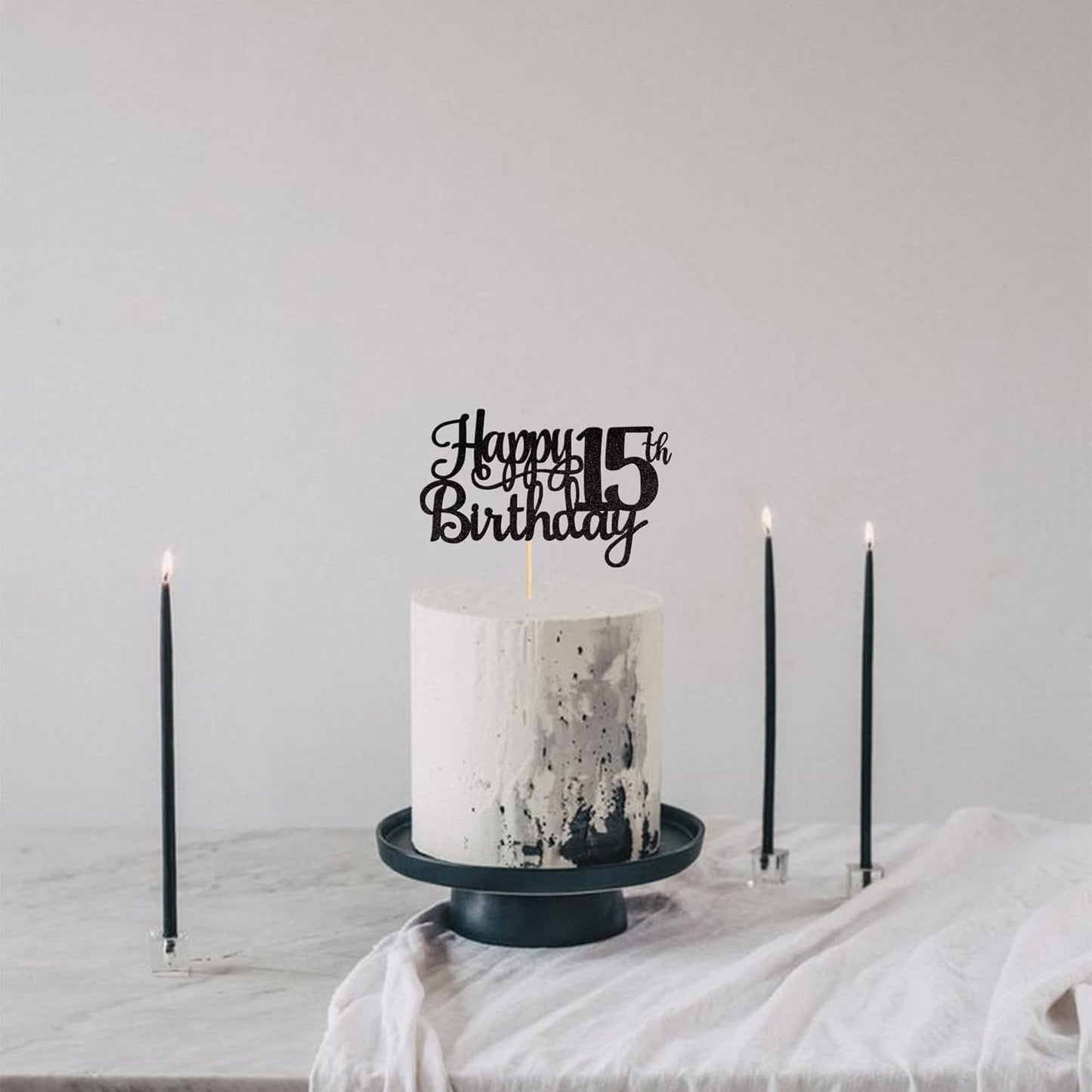 1 PCS Happy 15th Birthday Cake Topper Glitter Cheers to 15 Years Birthday Cake Pick Mis Quince 15 Fabulous Cake Decoration for Happy 15th Birthday Theme Party Decorations Supplies Black