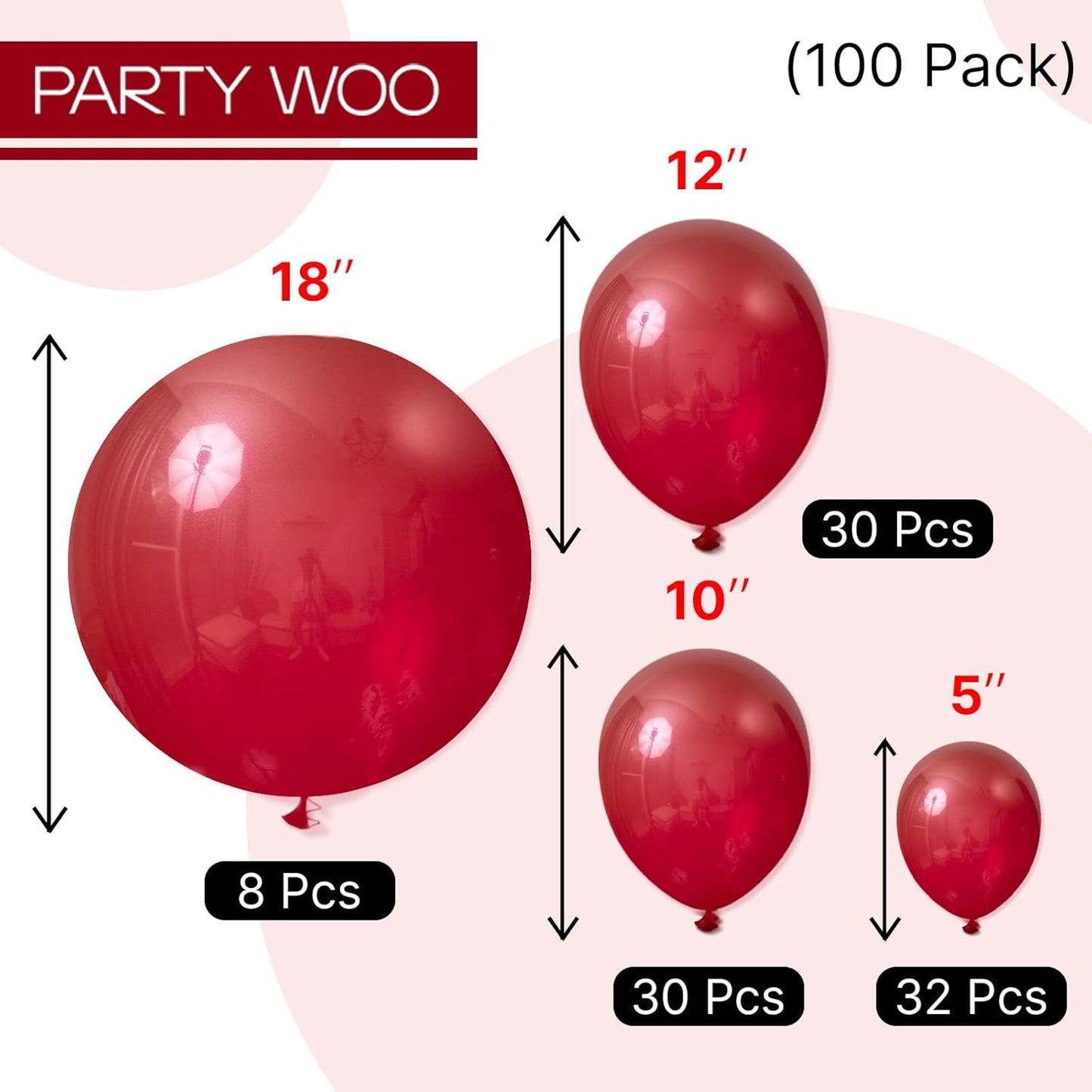 PartyWoo Burgundy Balloons 100pcs Different Sizes of 18 12 10 5 Inch Dark Red Maroon Ruby Red Balloon Arch Kit Garland for Graduation Valentine's Day Wedding Anniversary Party Decorations Red-Y75
