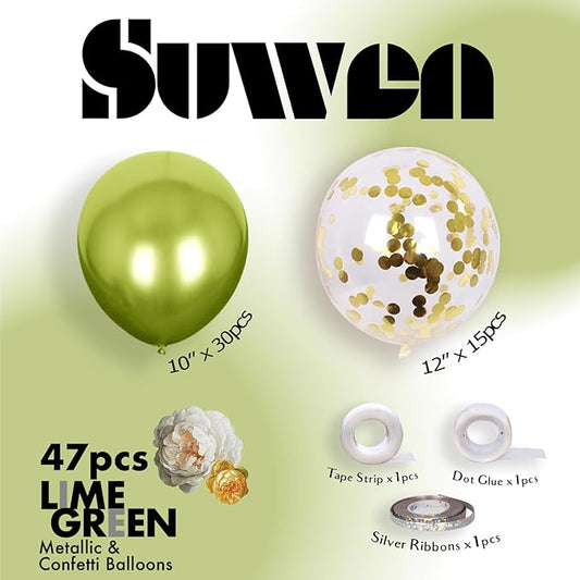 SUWEN Metallic Lime Green Balloons and Confetti Balloons Set 47PCS Latex Helium Chrome Neon Green Balloon for Birthday Anniversary Party Decorations