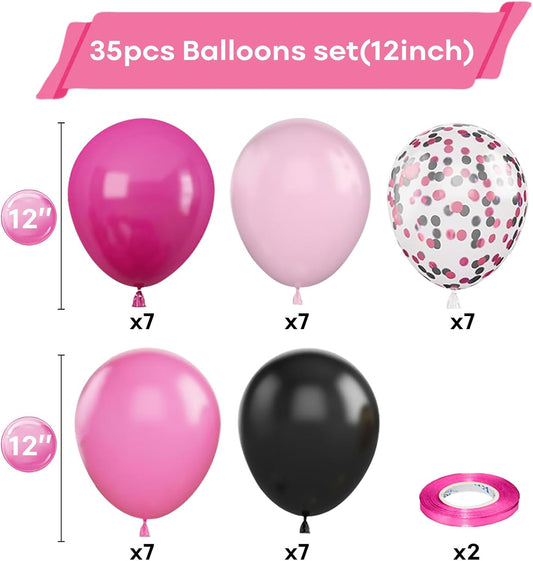 Pink and Black Balloons, 12 Inch Hot Pink Black Balloon with Confetti Balloons for Girls Women Birthday Baby Bridal Shower Wedding Theme Party Decoration