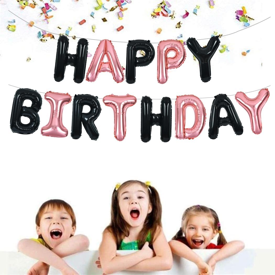 TONIFUL Black Rose Gold Happy Birthday Balloons Banner 16 Inch Mylar Foil Letters Birthday Sign Banner Bunting Reusable for Girls Boys Kids & Adults Birthday Decorations and Halloween Party Supplies