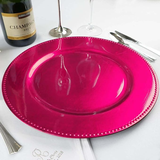 Efavormart 6 pcs 13" Hot Pink Beaded Round Charger Plates for Tabletop Decor Holiday Wedding Catering Event Decoration