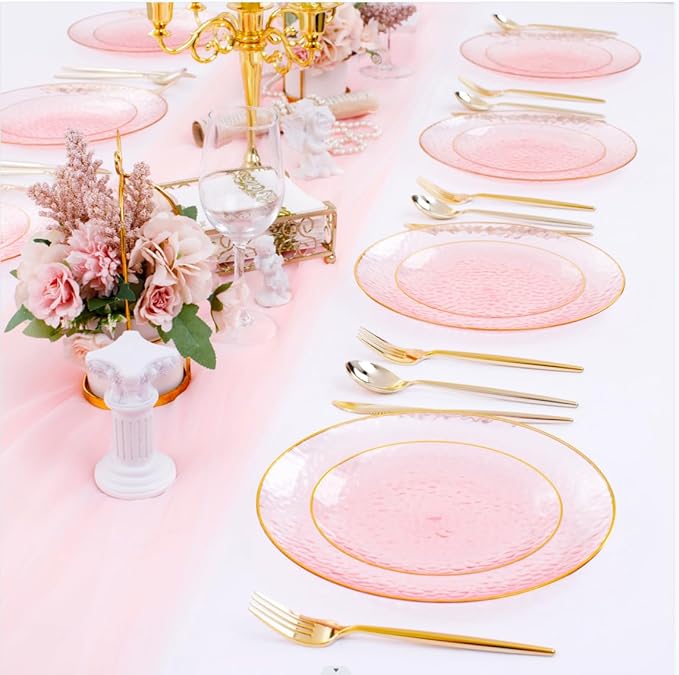 Rubtlamp 60Pcs Pink Plastic Plates,Clear Pink Plates With Gold Rim,Hammered Gold Plates Include 30Pink Plastic Dessert Platos, 30Gold Dinner Platos For Party
