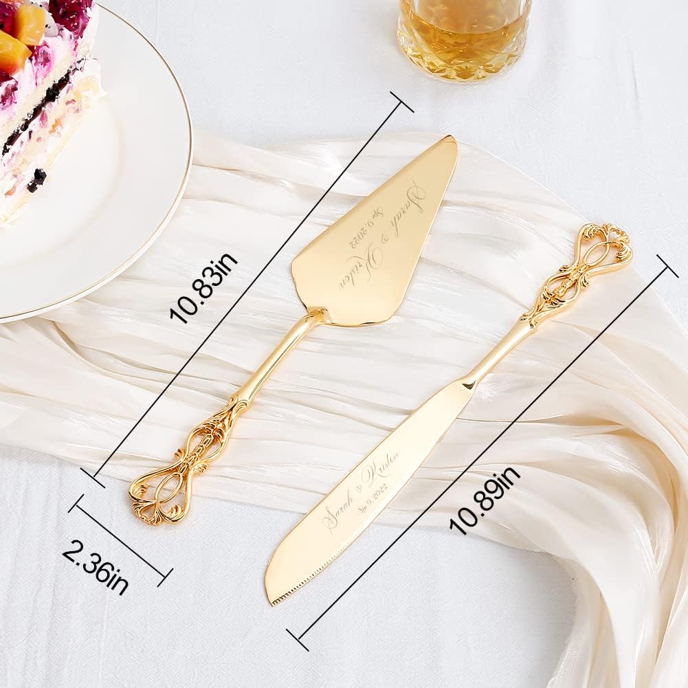 Wedding Cake Knife and Server Set, Personalized Gold Cake Cutting Set for Wedding, Engraved Classic Cake Knives Cutter Set, Pie Pastry Server, Birthday Bridal Gift (CUS-Crown)
