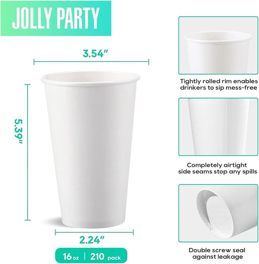 JOLLY PARTY 210 Pack 16 oz Disposable Paper Coffee Cup, Hot/Cold Beverage Drinking Cups for Water, White Paper Hot Coffee Cups