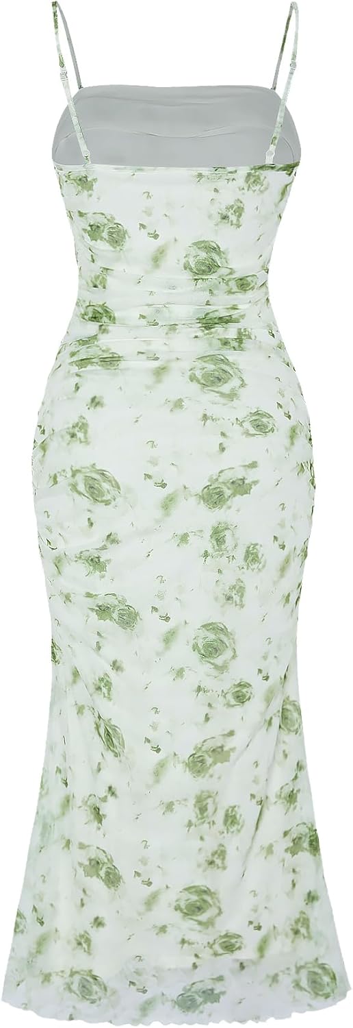GORGLITTER Women's Floral Ruched Bodycon Midi Dress Mesh Sleeveless Fishtail Cami Dresses